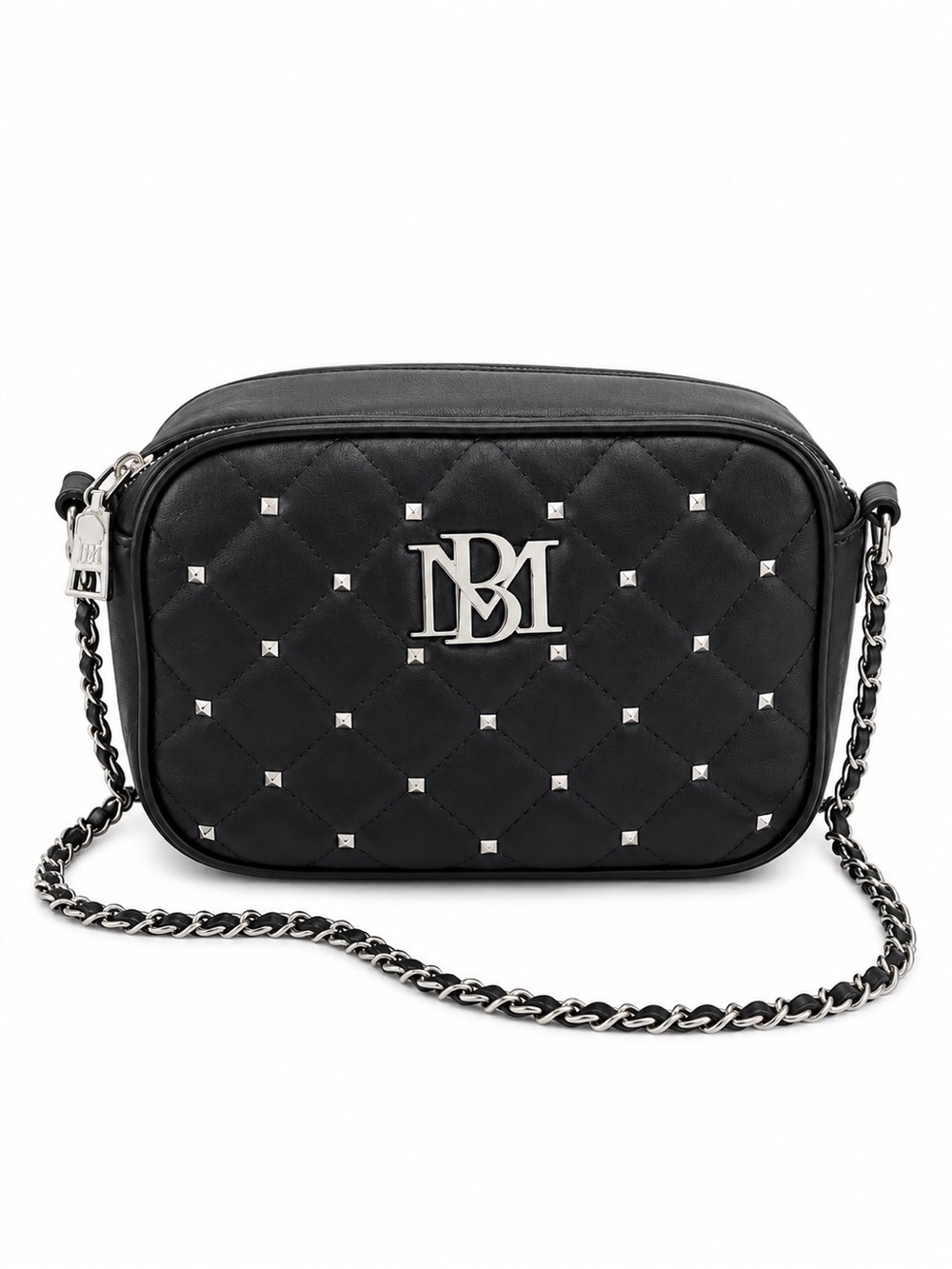 B. Makowsky Black Leather Crossbody Shoulder Bag Silver Hardware chain Strap - Picture 2 of 13